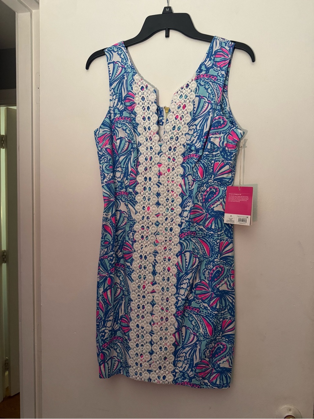 Lilly Pulitzer Blue & Pink Floral Sheath Dress with White Crochet Panel